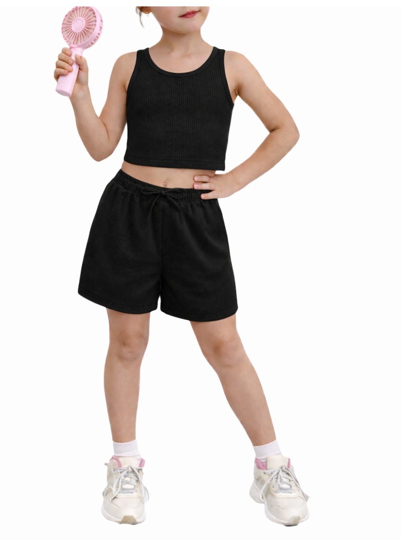 نايلتون طقم ملابس بناتي مكون من توب قصير مضلع وشورت عالي الخصر.  طقم ملابس كاجوال للأطفال - توب قصير وشورت برباط - Image 1